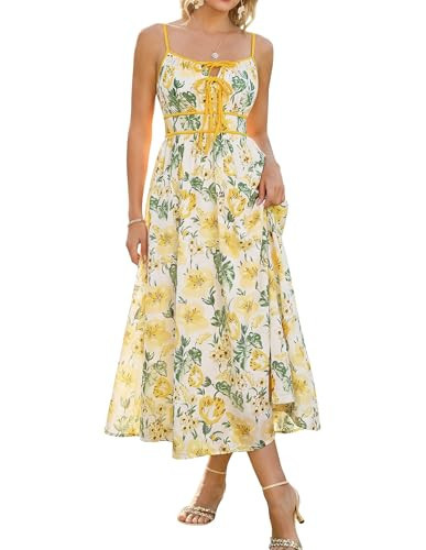 GRACE KARIN 2026 Women's Summer Maxi Floral Dress, Spaghetti Strap Tie Front Boho Sundress with Pockets, WhiteYellow Floral S | Amazon (US)