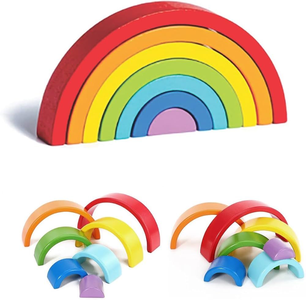 Wooden Rainbow, Stacking Learning Toy for Kids Toddlers Baby, 7 Pieces Bright Colors Rainbow, Bui... | Amazon (US)