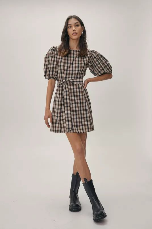 Check Puff Sleeve Belted Mini Dress | Nasty Gal (US)