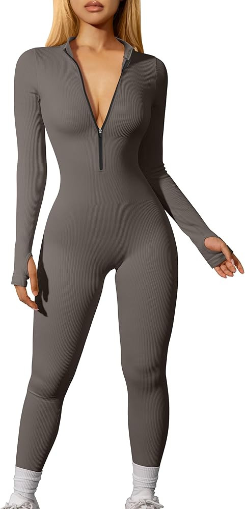 OQQ Women Yoga Jumpsuits Workout Ribbed Long Sleeve Zip Front Sport Jumpsuits | Amazon (US)