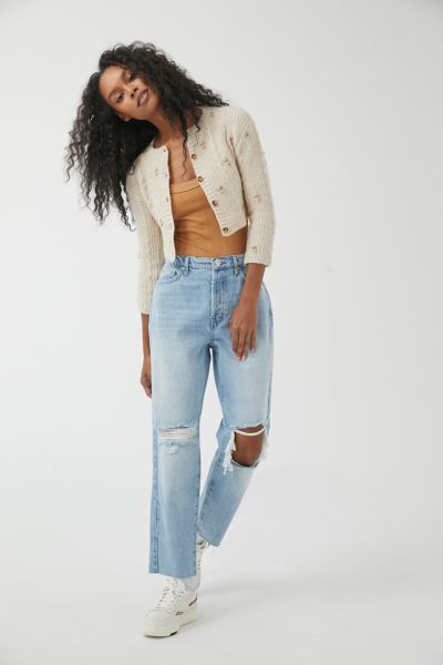 BDG High-Waisted Slim Straight Jean – Ripped Light Wash | Urban Outfitters (US and RoW)