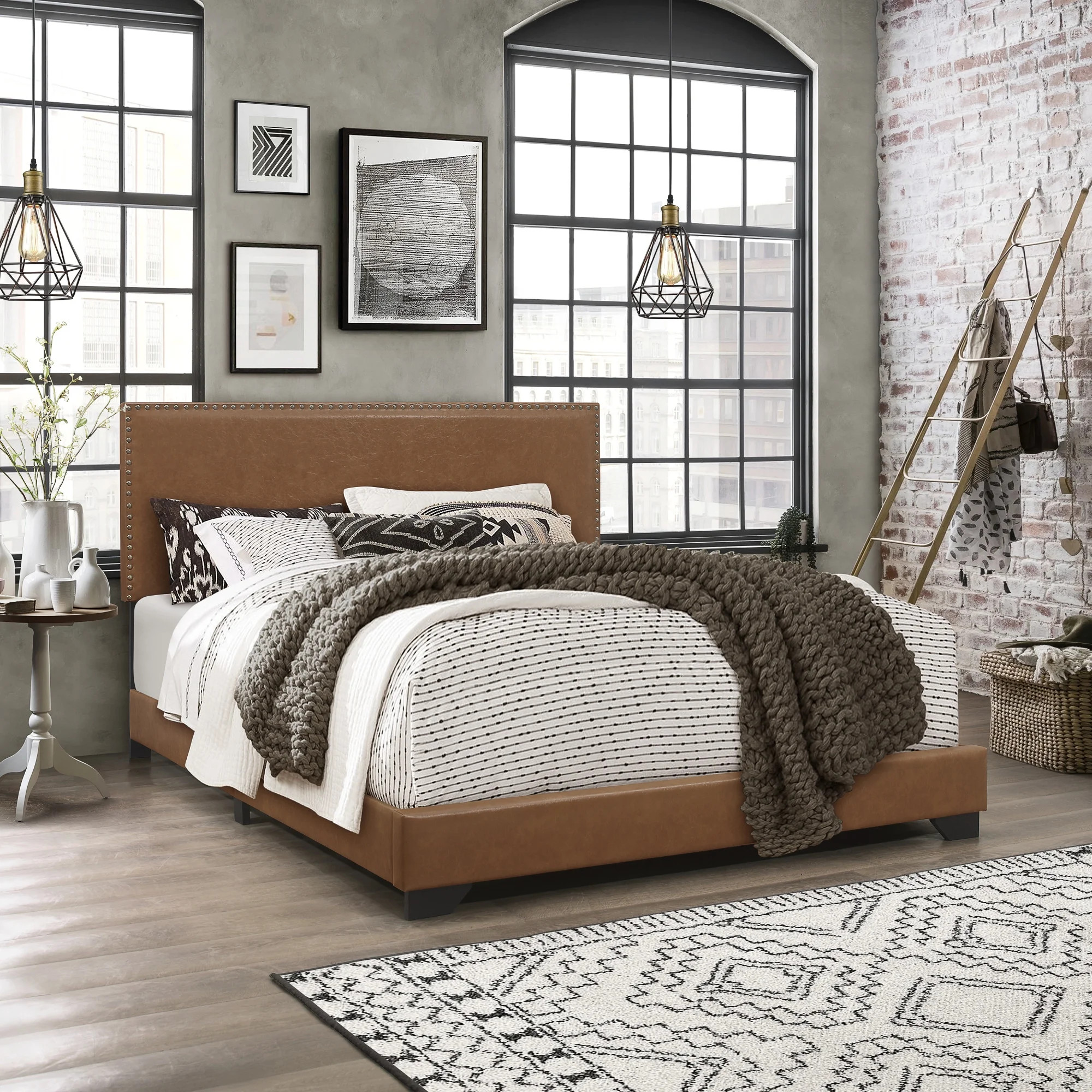 Willow Nailhead Trim Upholstered Queen Bed, Saddle Brown Faux Leather | Walmart (US)