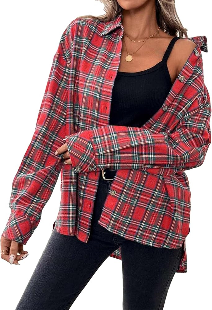 Wanzetaly Womens Casual Oversized Flannel Plaid Button Down Long Sleeve Shirts Fashion Blouse Top... | Amazon (US)