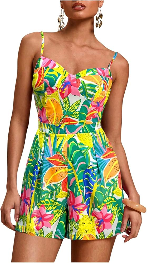 Floerns Women's Tropical Print Cami Rompers Sleeveless Boho Shorts Jumpsuit | Amazon (US)