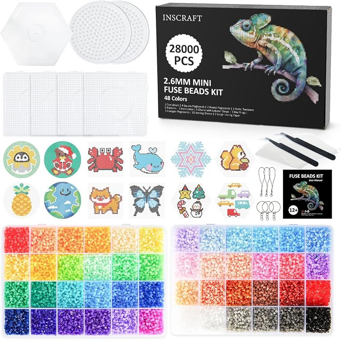 INSCRAFT 28,000 Mini Fuse Beads, 2.6mm 48 Colors Melty Beads with 7 Pegboards 15 Ironing Sheets 2... | Amazon (US)