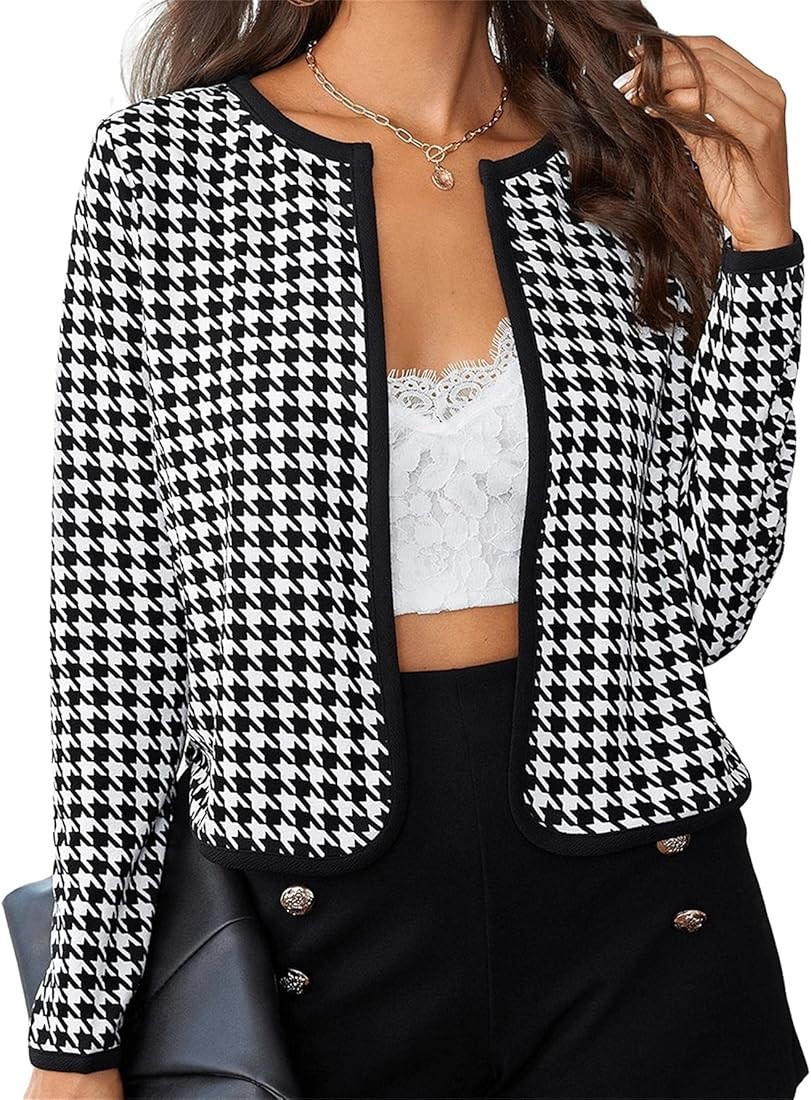 SheIn Women's Elegant Houndstooth Print Contrast Binding Open Front Work Office Blazer Jacket | Amazon (US)