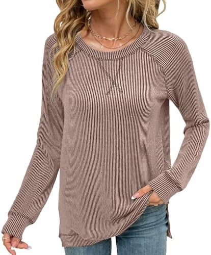 levaca Womens Ribbed Long Sleeve Shirts Loose Fit Exposed Seam Fall Tunics Tops to Wear With Legg... | Amazon (US)