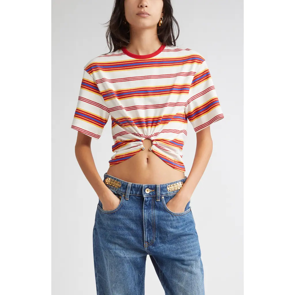 Rabanne Stripe Piercing Ring Crop T-Shirt in Stripes Cream /Orange / at Nordstrom, Size 8 Us | Nordstrom