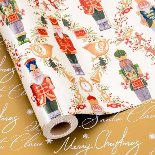 MAYPLUSS Nutcracker Christmas Wrapping Paper Roll, Reversible Vintage Nutcracker and Winter Flora... | Amazon (US)