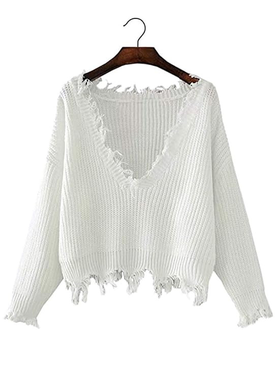 Arjungo Women's Solid V Neck Ripped Hem Long Sleeve Frayed Sweater Knitted Pullover Crop Top | Amazon (US)