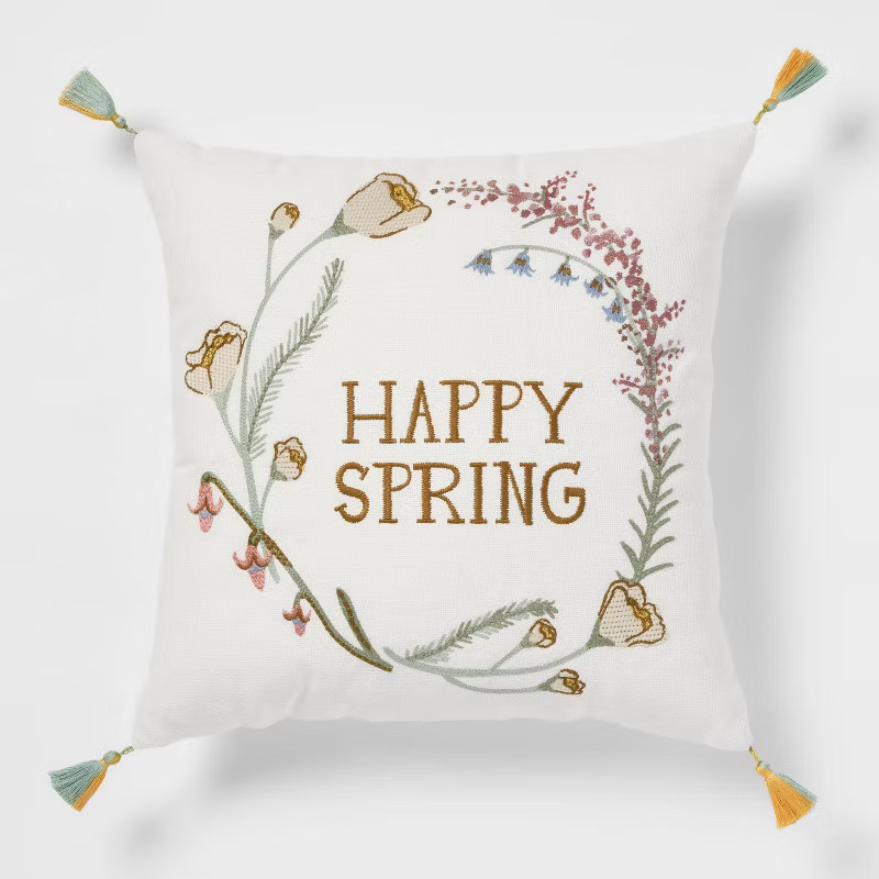 'Happy Spring' Square Throw Pillow Cream - Threshold™ | Target