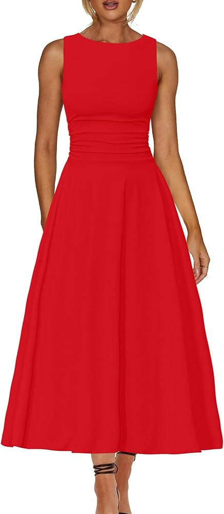Kaximil Women's Boat Neck Sleeveless A Line Maxi Dress Ruffle Flowy Casual Long Dresses | Amazon (US)