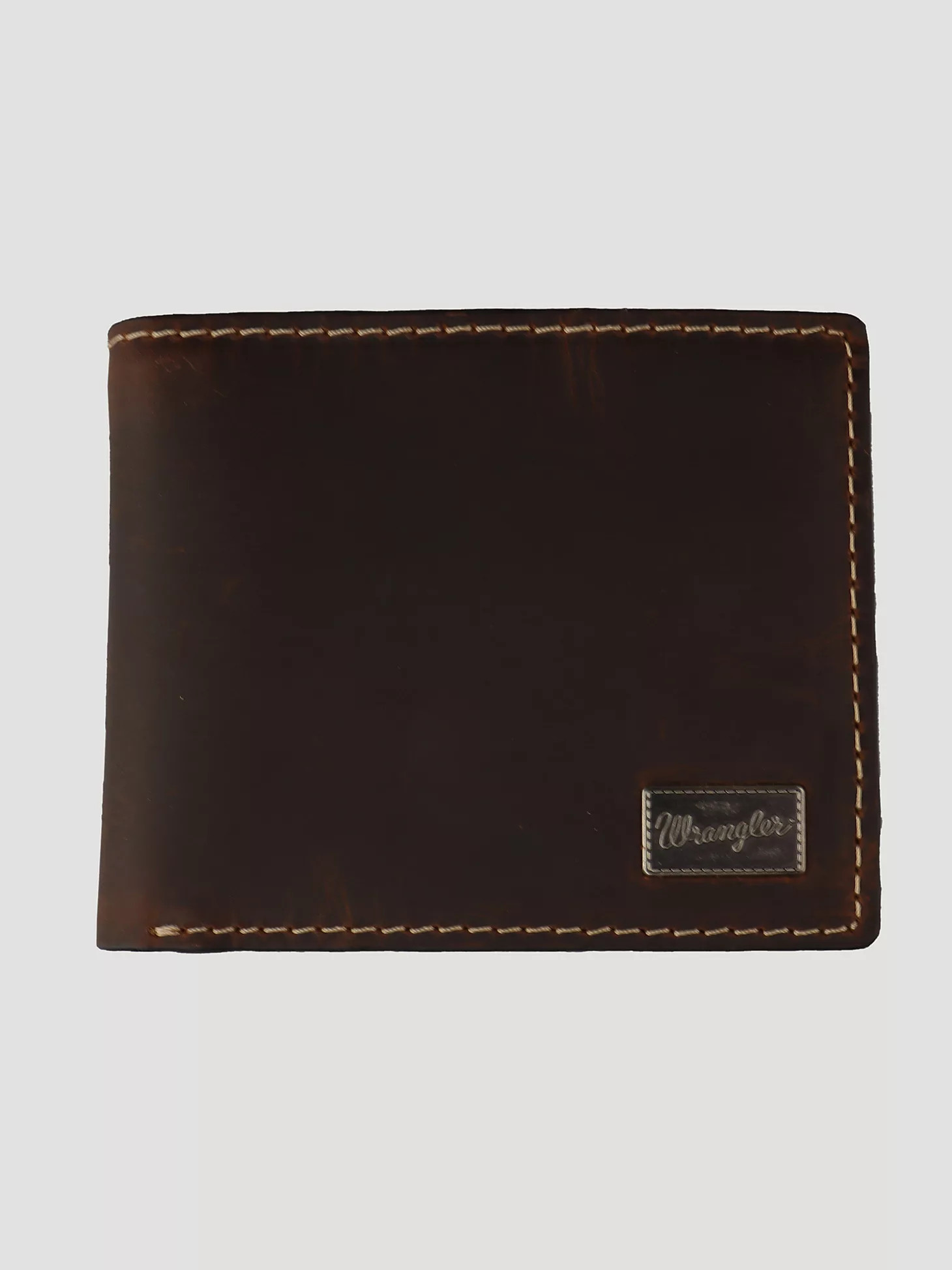 Men's Wrangler® Metal Patch Bi-fold Wallet in Cognac | Wrangler