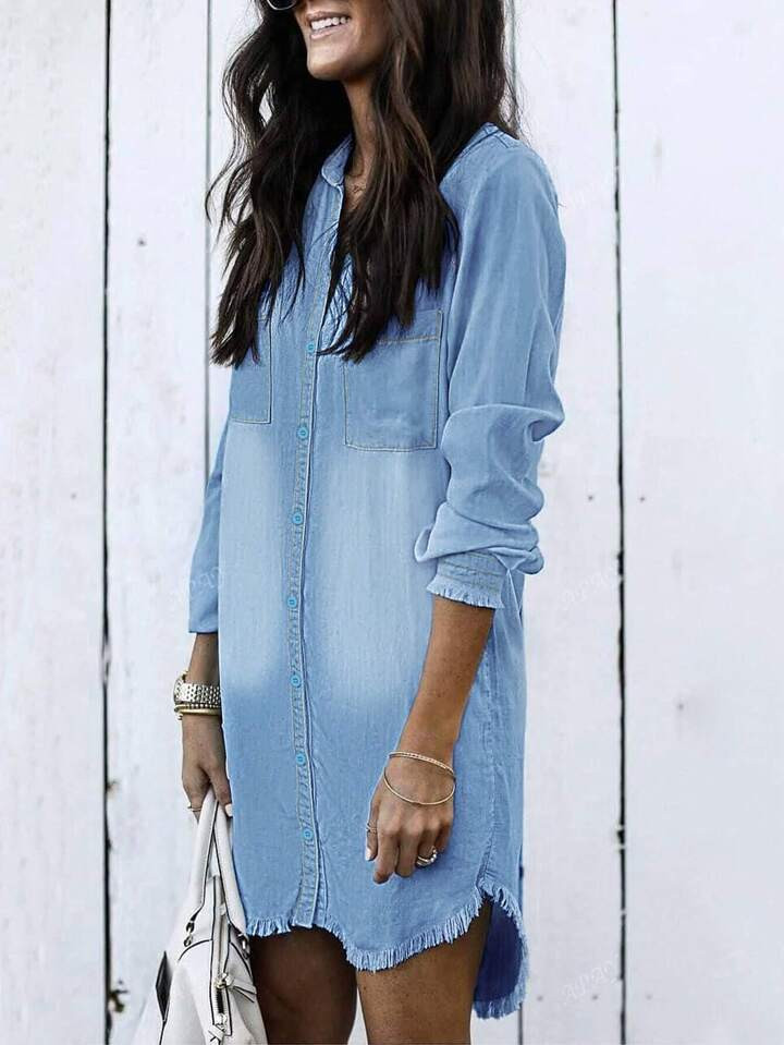 Women's Casual Washed Front Button Long Sleeve Denim Dress Shirt Dress, Raw Hem Jean Dress For Fall Winter | SHEIN