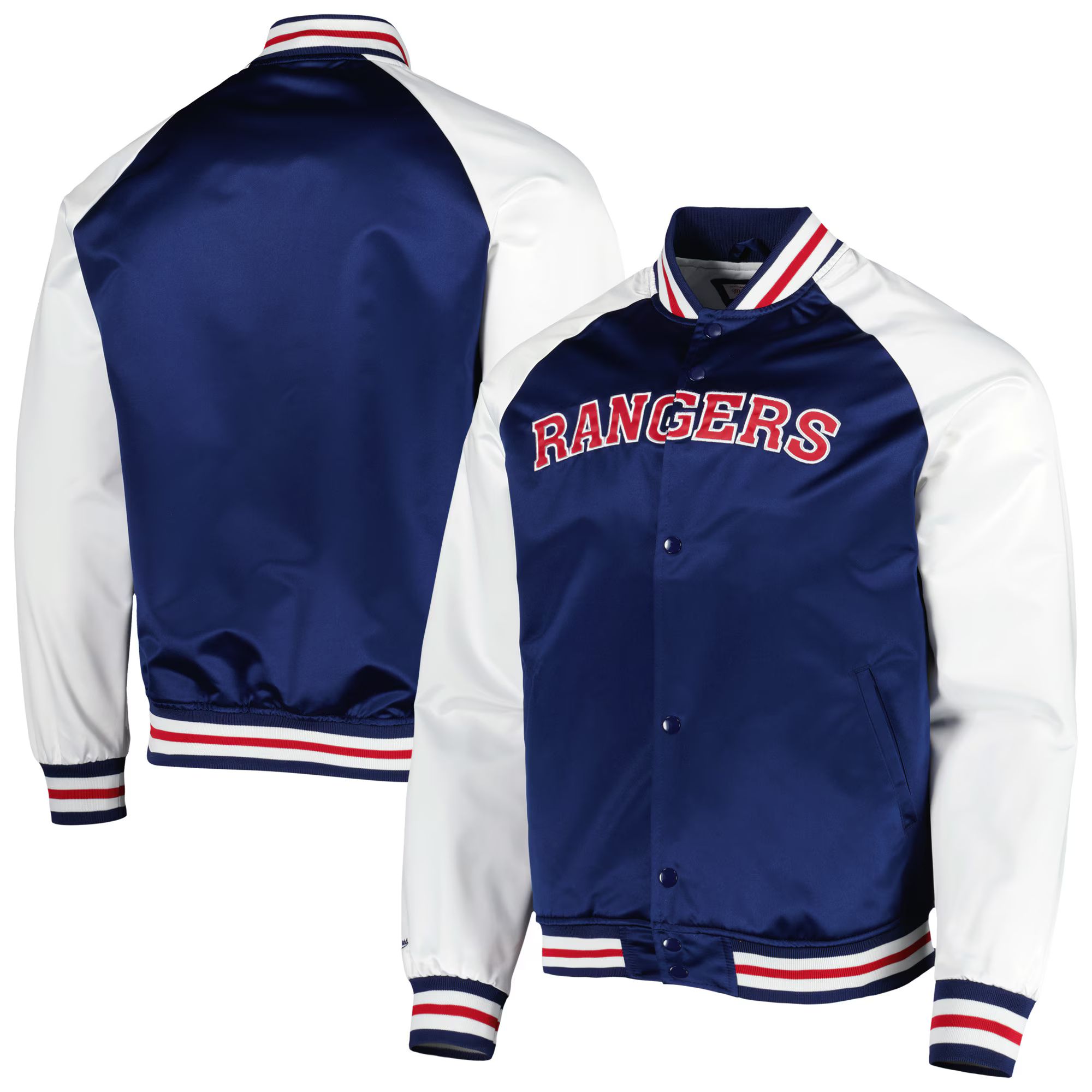 Men's New York Rangers Mitchell & Ness Blue/White Primetime Raglan Satin Full-Snap Jacket | NHL Shop