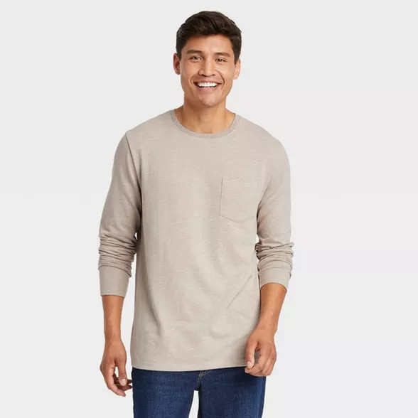 Men's Regular Fit Crewneck Long Sleeve T-Shirt - Goodfellow & Co™ Tan L | Target