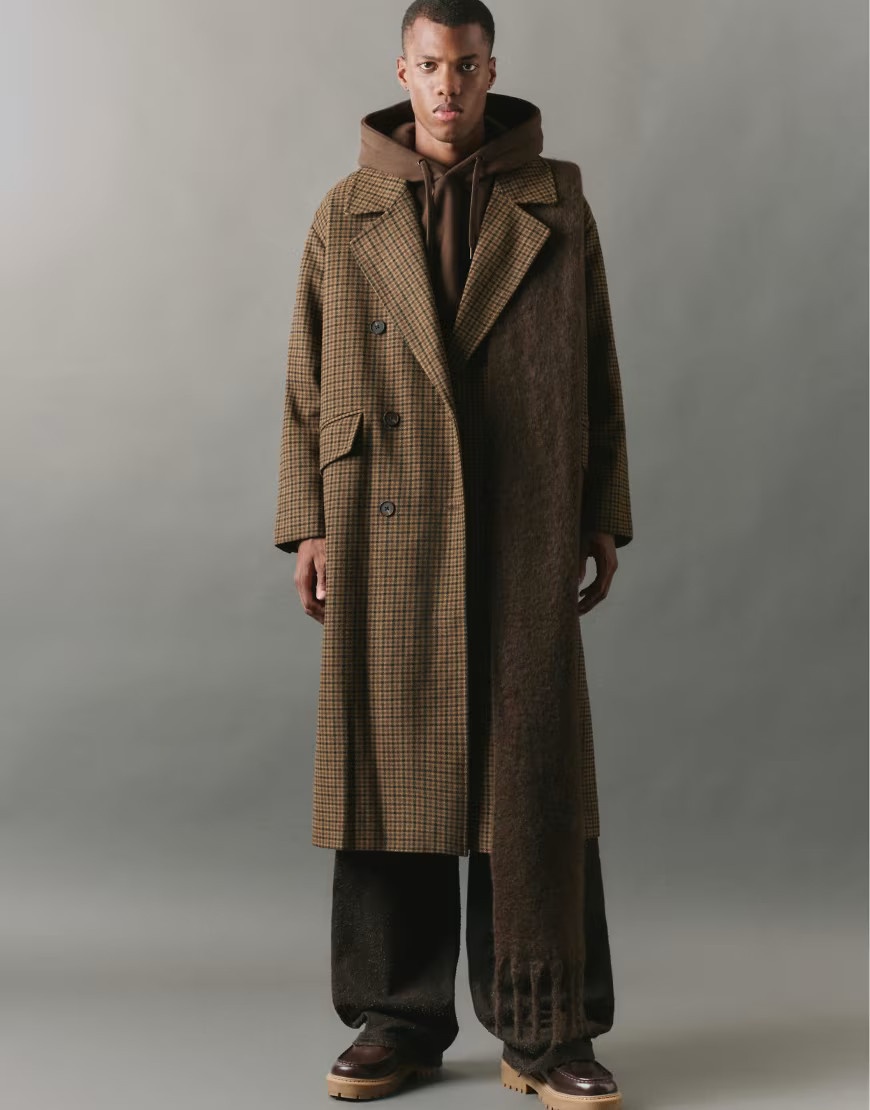 Pull&Bear Long houndstooth textured coat in brown-Multi | ASOS (Global)