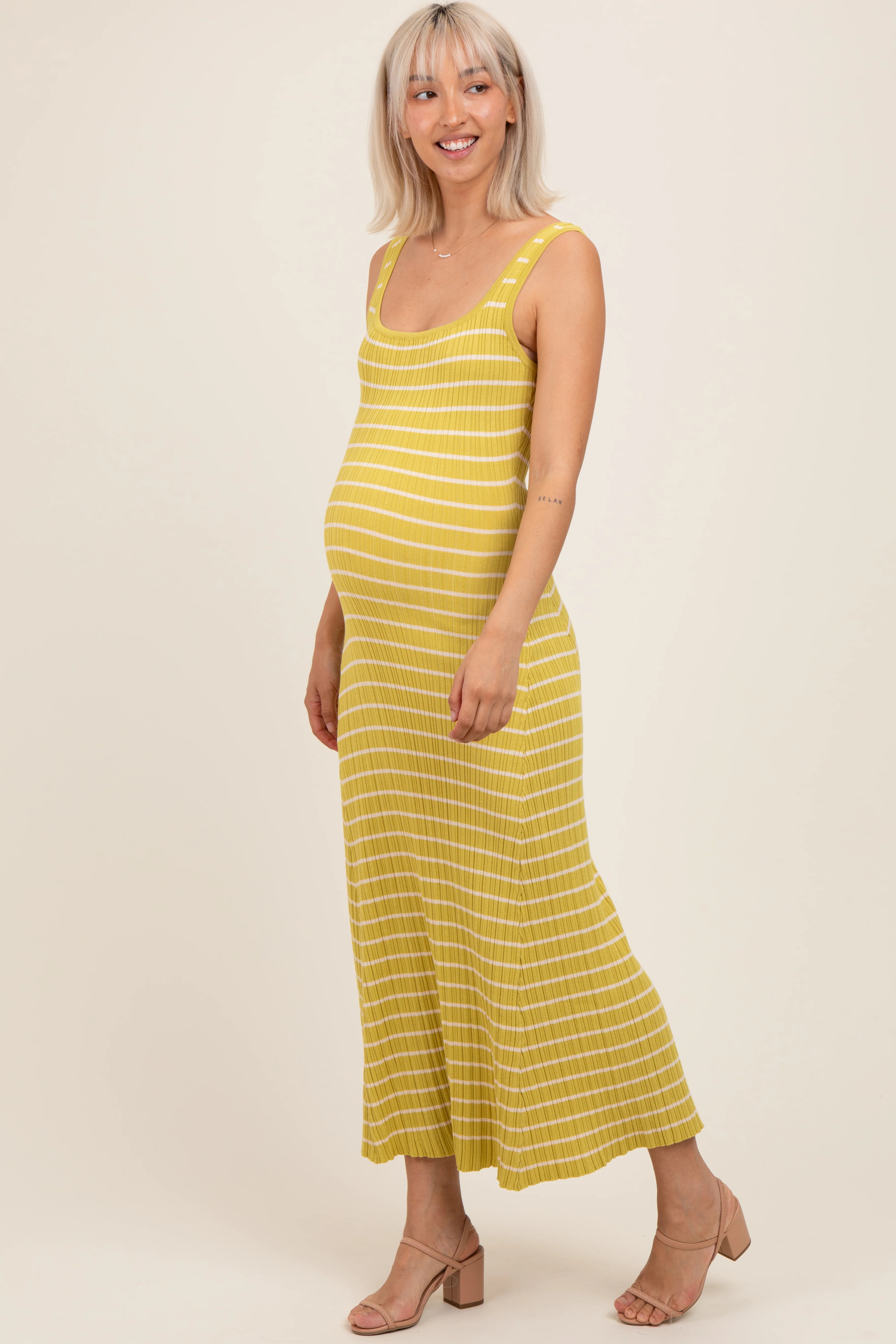 Lime/Cream Lightweight Rib Fit And Flare Maternity Midi Dress | PinkBlush Maternity