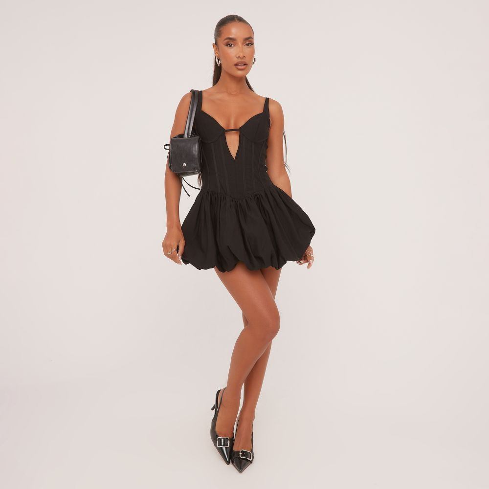 Plunge Keyhole Cut Out Corseted Flippy Hem Mini Dress In Black Woven | EGO Shoes (US & Canada)