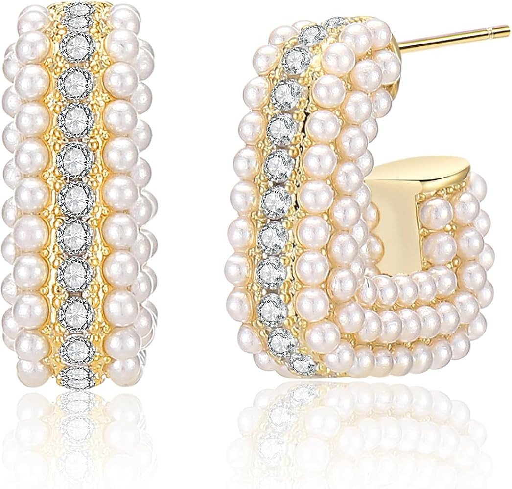 Aprilery Pearl Hoop Earrings for Women, Trendy 14K Gold Plated Round Pearl Cuff Hoop Earrings Hyp... | Amazon (US)