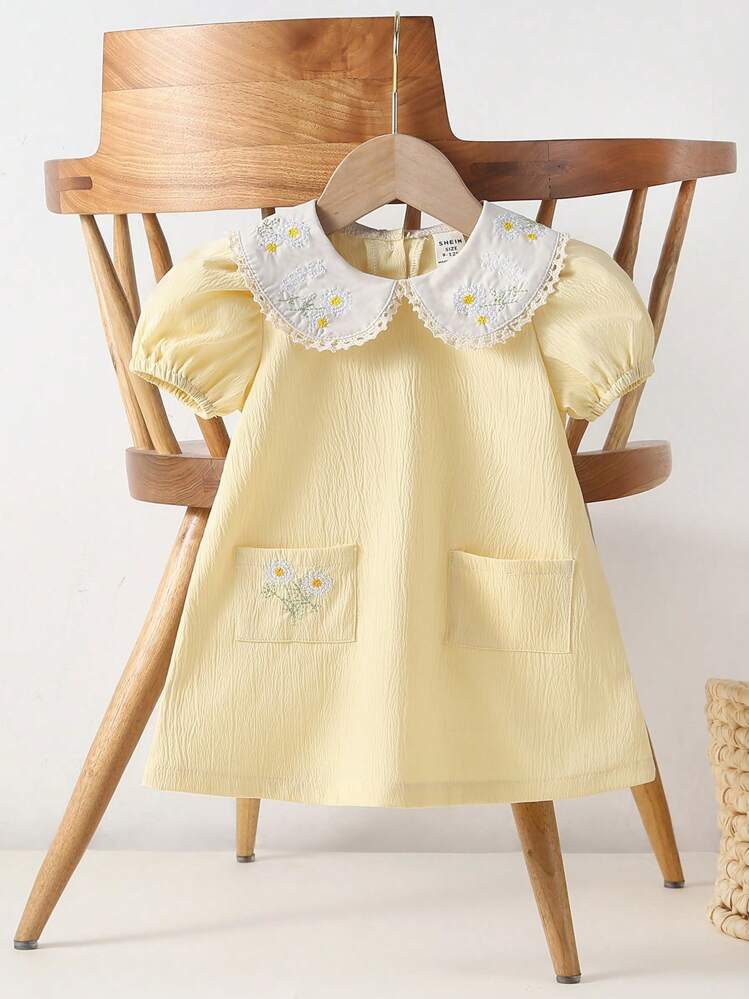 Souflis Baby Girl Pastoral Style Cute Lady Peter Pan Collar Sunflower Embroidered Pocket Short Sl... | SHEIN