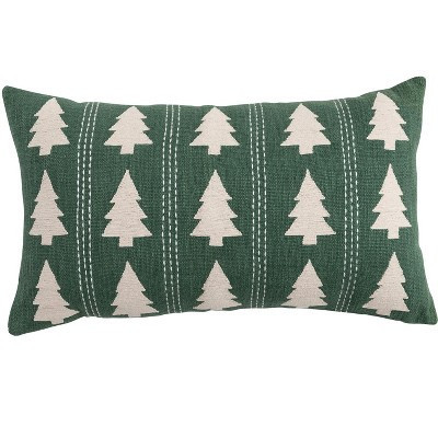 Storied Home Slub Lumbar Pillow with Tree Pattern, Embroidery and Stitching, Green and Natural | Target