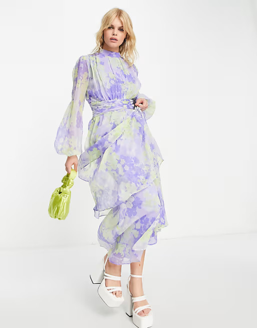 ASOS DESIGN high neck ruched waist maxi tea dress in lime floral print | ASOS (Global)