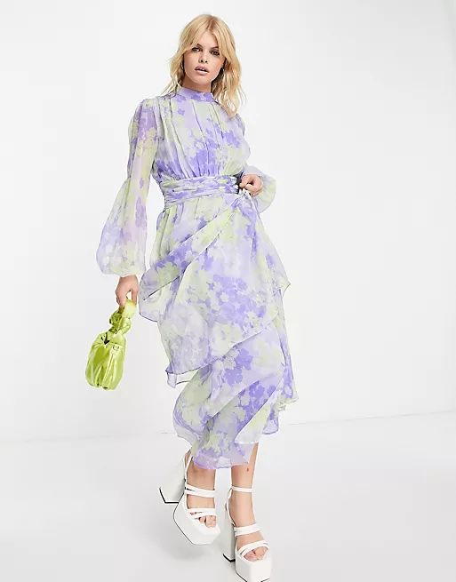 ASOS DESIGN high neck ruched waist maxi tea dress in lime floral print | ASOS (Global)
