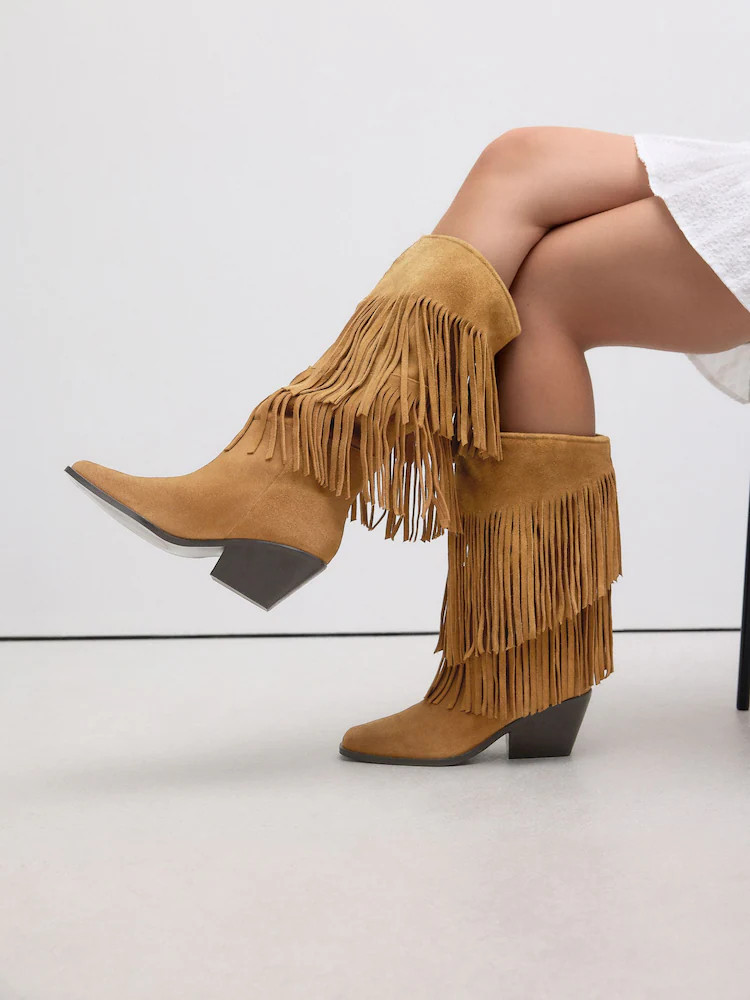 Tan Brown Suede Forever Comfort® Fringed Knee High Cowboy Boots | Next US