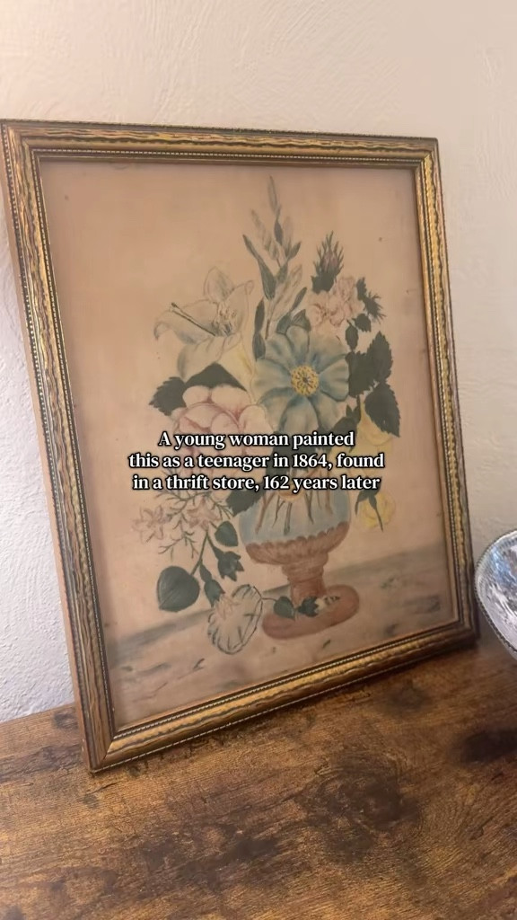 A teenage girl painted this in 1864 using a technique called theorem painting -watercolor stenciled onto velvet. 162 years later I found it at a thrift store. The handwritten note on the back tells the whole story. Now listed in my Etsy shop -

#folkart #thriftingfinds #antiquefinds #etsyfinds #victorian #cottagecore

#LTKHome
