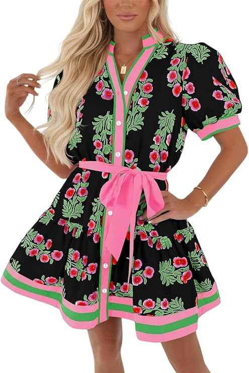 Wenrine Womens Summer Floral Mini Dress Puff Short Sleeve V Neck Button Down Casual Loose Boho Be... | Amazon (US)