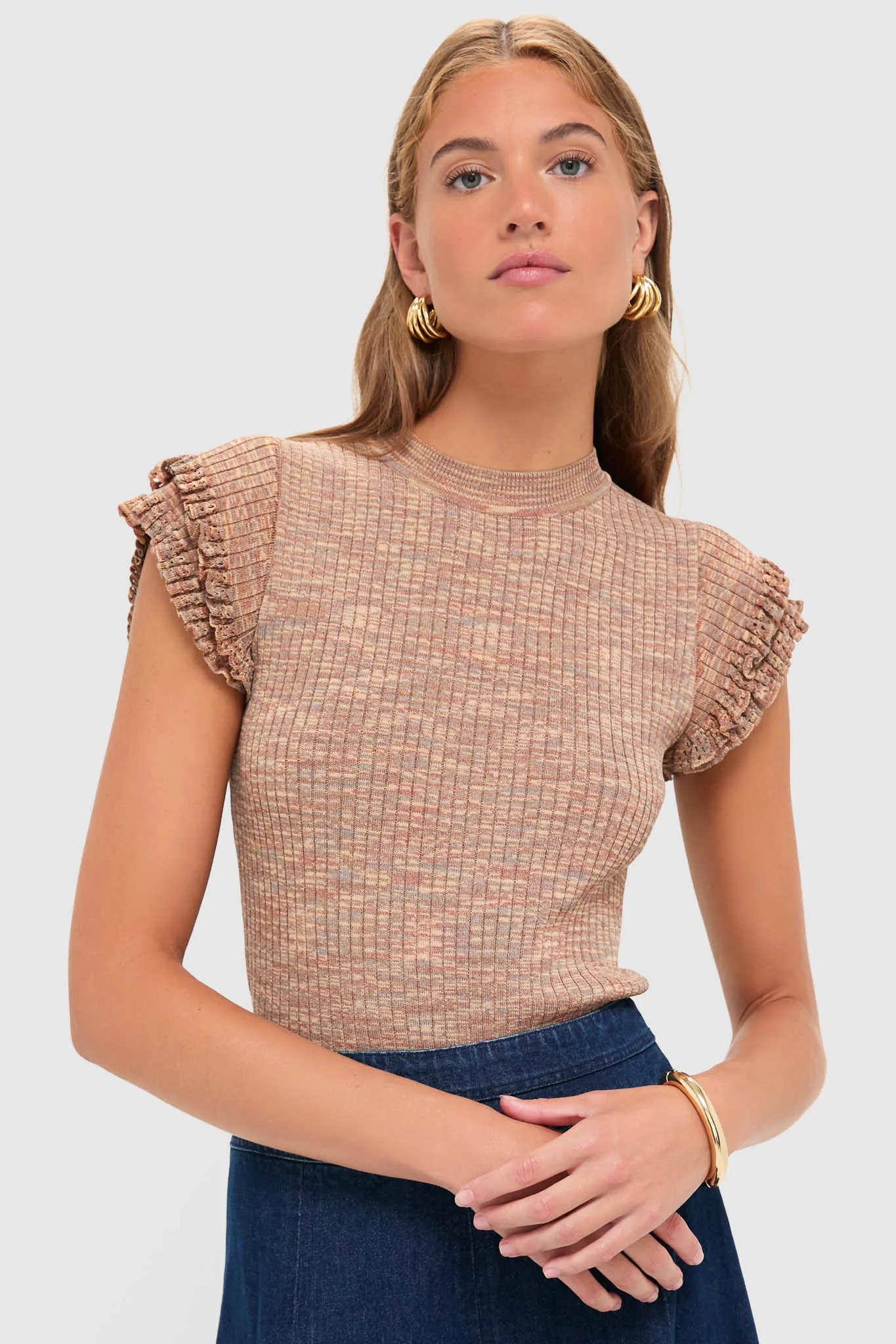 Brown Rowe Crewneck Flutter Sleeve Knit Top | Tuckernuck (US)