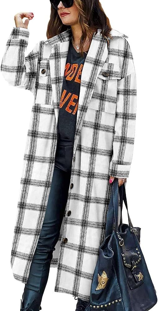 CHICZONE Womens Plaid Shacket Jacket Long Flannel Jacket Casual Lapel Button Down Tartan Trench C... | Amazon (US)