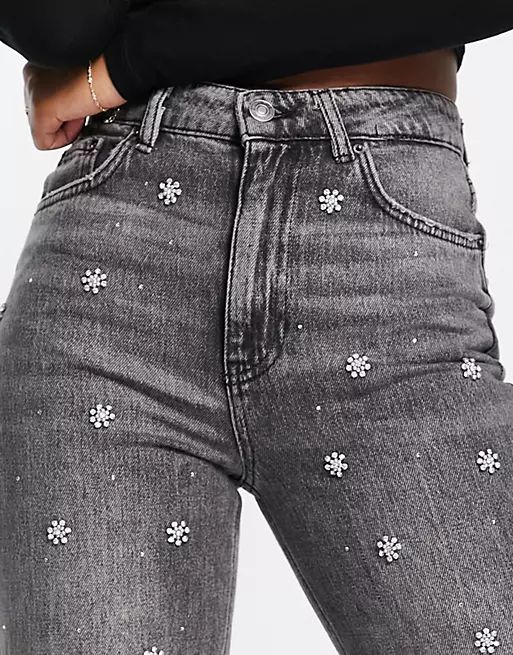 Stradivarius jean with diamante detail in washed black | ASOS | ASOS (Global)