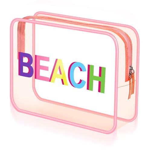 Shinylin Beach Clear Makeup Bag 9.5" x 7" x 3.5" Pink Cosmetic Pouch Large Waterproof Travel Toiletry Cosmetic Bag PVC Transparent Zippered Organizer for Women Summer | Amazon (US)