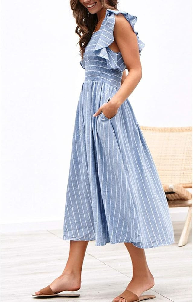 Miessial Women's Striped Linen Long Dress Elegant Ruffle Cap Sleeves Midi Dress | Amazon (US)