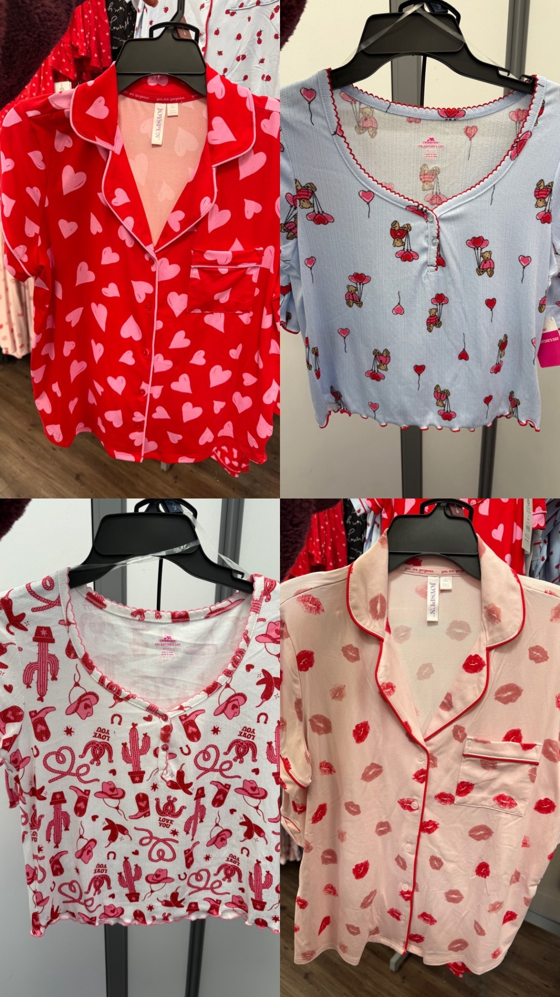 Walmart Valentine’s Day pjs!! I sizes down to XS in the hearts and lips because shorts don’t come with a drawstring and true size small in bears and cowgirl print (shorts have drawstring)