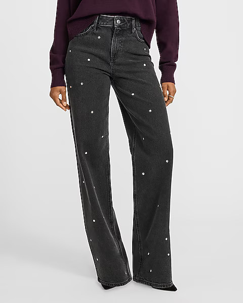 High Waisted Black Wash Silver Studded Relaxed Straight Jeans | Express