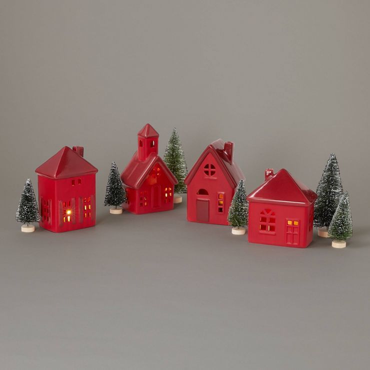 10pc Battery Operated Decorative Ceramic Village Kit Red with Green Trees - Wondershop™ | Target