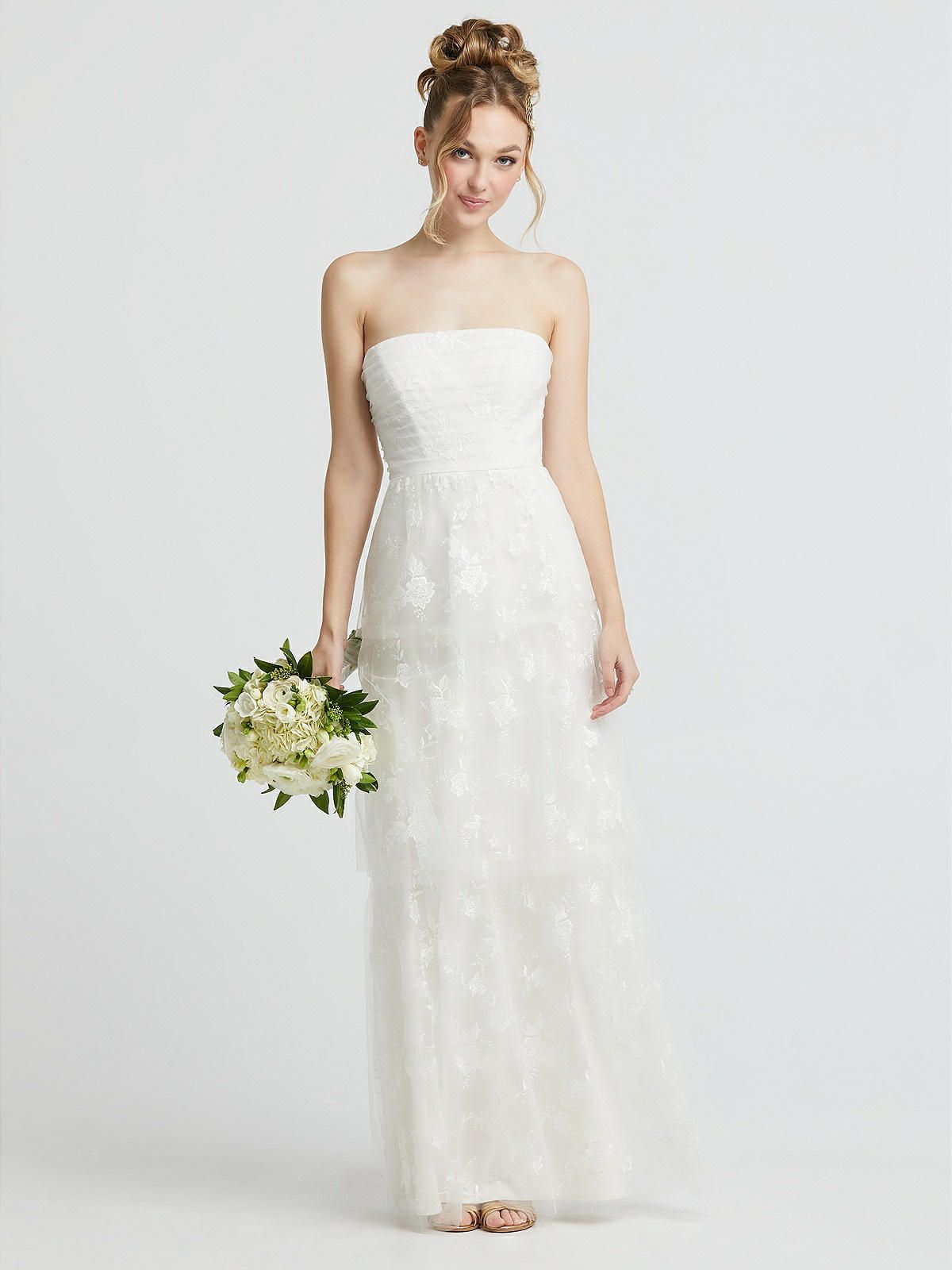 Strapless Ruched Bodice Tiered Lace Wedding Dress | The Dessy Group