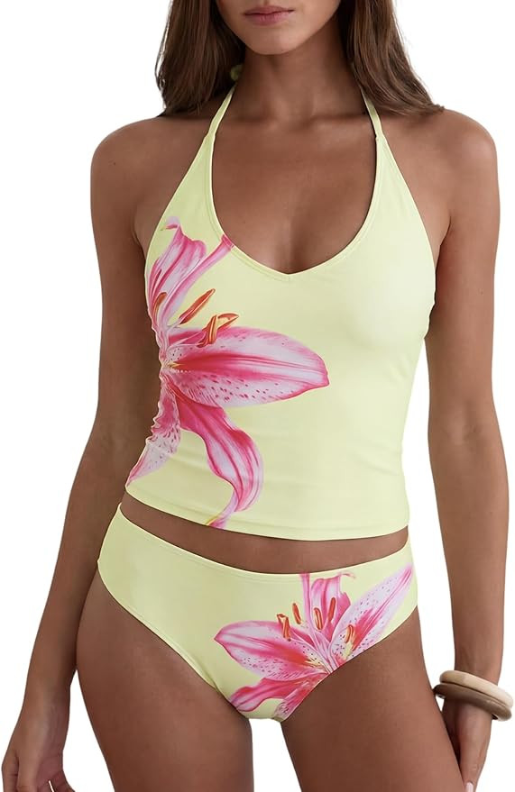 ZAFUL Women's Floral Tankini Swimsuits Halter Neck Tummy Control Polka Dot Tankini Set Striped Tw... | Amazon (US)