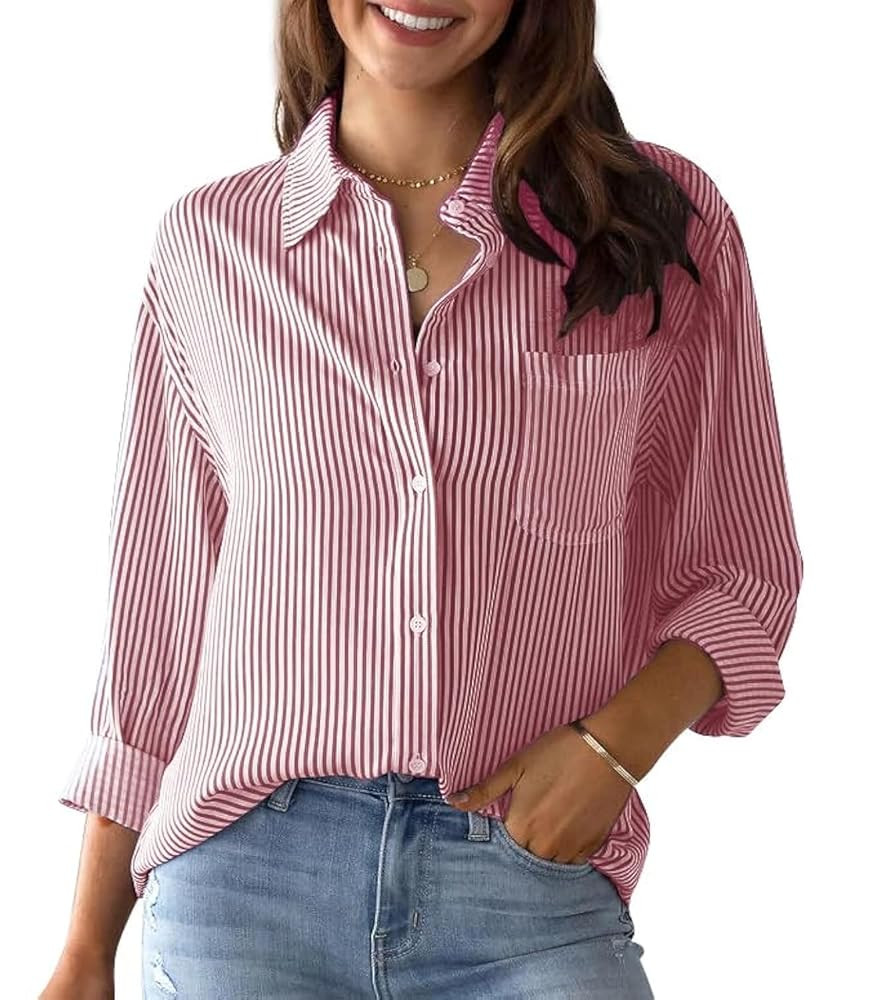 IBAOTORONI Women's Striped Button Down Shirts: Long Sleeve Office Casual Business Blouses with Po... | Amazon (US)