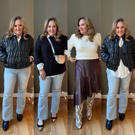 Walmart fashion is crushing it.
Ruched, faux, leather puffer coat. Size large this is outerwear. It’s a great quality.
Cableknit tunic I sized up to an XL for a roomier fit.
Puff sleeve, cream, sweater, size large 
Faux, leather skirt, size large 
Slingback kitten heels, true to size
White blouse is a nice longer length. Size large 10% off code NANETTE10. 
Plaid vest, size 14 
Snake skin boots, size up a half. I am in a wide calf, which gives them lots of room for tucking in jeans. 
Jeans, size 31 you can go your smaller size. 15% off one order with Avara code NANETTE15. 

#LTKfindsunder100 #LTKHoliday #LTKmidsize