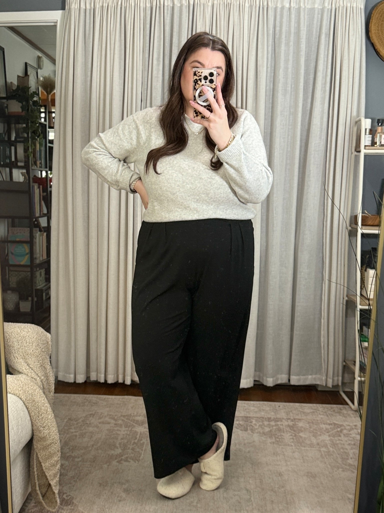 Today’s easy, professional WFH outfit:

* J.Crew Factory Women’s Crewneck Sweater in Extra-Soft Yarn
* Old Navy Women’s Vintage Crew-Neck T-Shirt
* Cider Women’s Wide Leg Palazzo Pants (black)
* Bombas Women’s Nest Slipper
* Accessories:
    * Kate Spade That Sparkle Earrings
    * Alex and Ani Crystal + Pearl Stranded Bracelet
    * Amazon Dainty Pendant Necklace
    * Amazon Black Hair Bow Clip Barrette

#LTKWorkwear #LTKMidsize #LTKootd