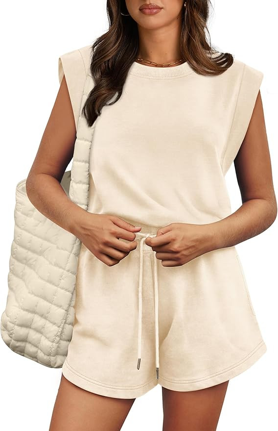 OFEEFAN Rompers for Women Summer Cap Sleeve Adjustable Drawstring Waistband Crewneck Casual Outfi... | Amazon (US)