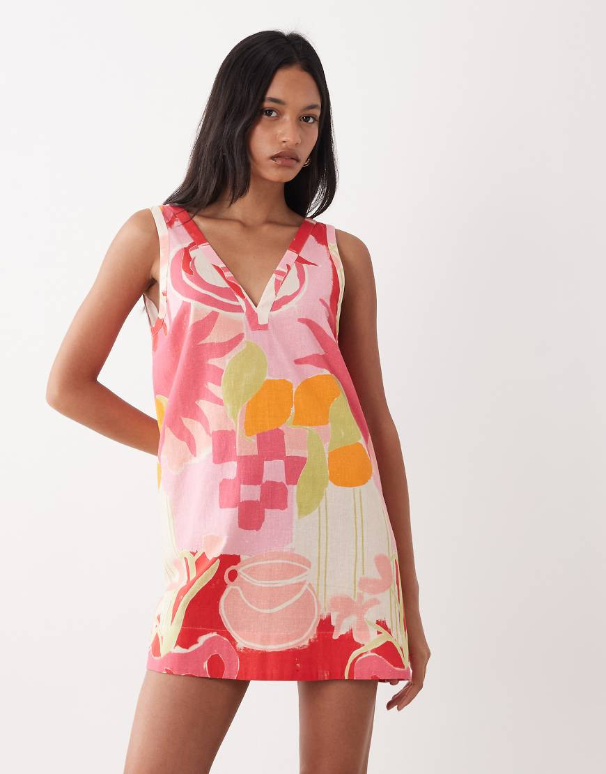 ASOS DESIGN cotton linen v neck smock mini dress in pink fruit print - MULTI | ASOS (Global)