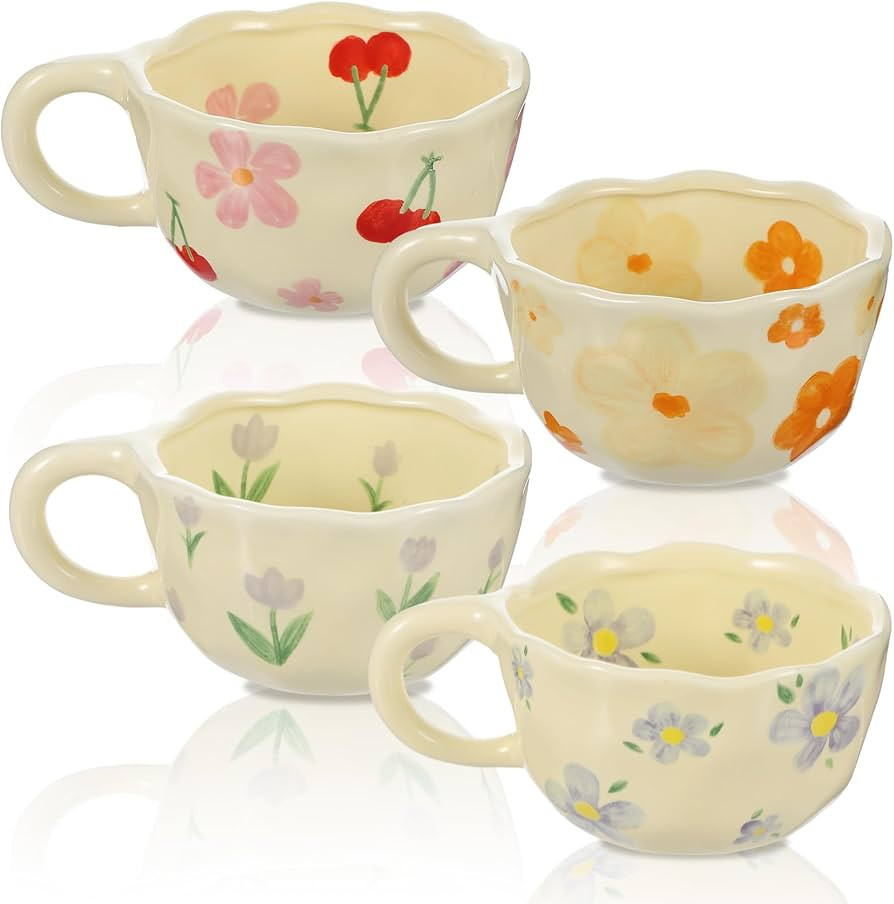 4 Styles Cute Ceramic Flower Coffee Mug Set 8.5 oz Vintage Aesthetic Porcelain Floral Tea Coffee ... | Amazon (US)