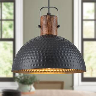 TinHon Black Modern Industrial Pendant Light with Hammered Dome Shade and Wood Accent for Kitchen... | The Home Depot