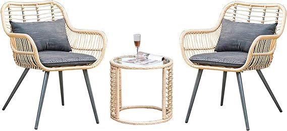 JOIVI 3-Piece Patio Set, Outdoor Wicker Conversation Bistro Sets for Porch, Backyard with Round G... | Amazon (US)