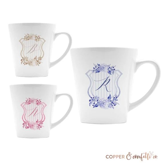 Custom watercolor crest mug, grandmillenial mug, floral mug, monogram mug | Etsy (US)